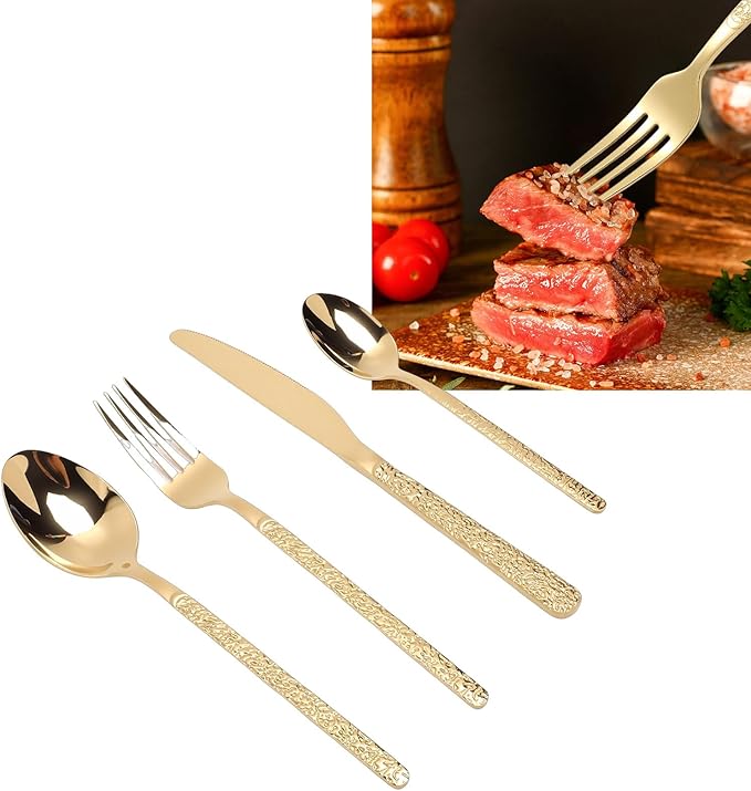 Pssopp 6 Piece Stainless Steel Cutlery Set, Serving Sets Forks Spoons for Restaurant Wedding Party Home (Stone Pattern Gold)