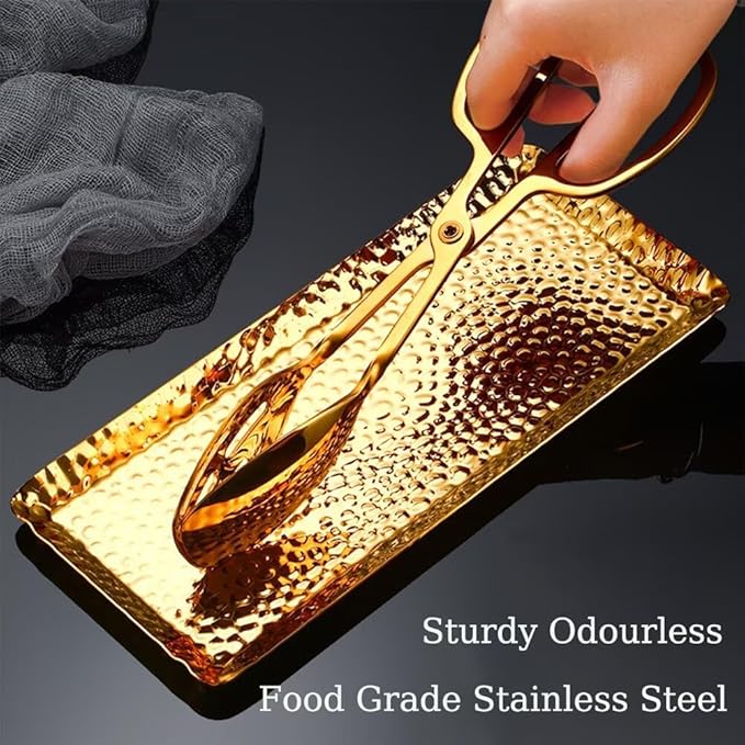 2 Pcs Decorative Tray Stainless Steel Serving Trays Hammered Rectangular 9.8 x 4.3 Inch Dessert Plates Reusable Fruit Stand for Living Room Kitchen Gold