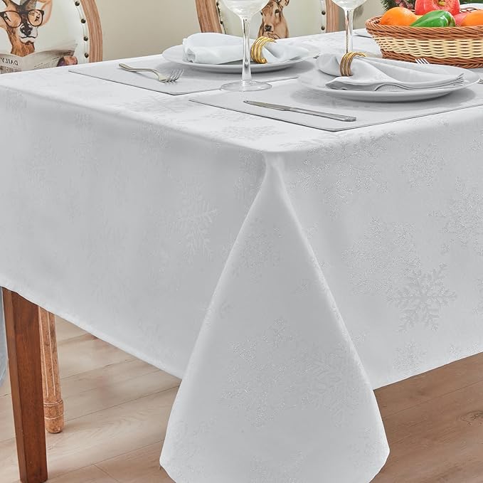 Rectangle Fancy Metallic Sparkling Snowflake Christmas Fabric Table Cloth red Hunter Gold Navy White Silver No-Iron Soil Resistant Woven Holiday Table Cover(White Silver/60x144Inch)