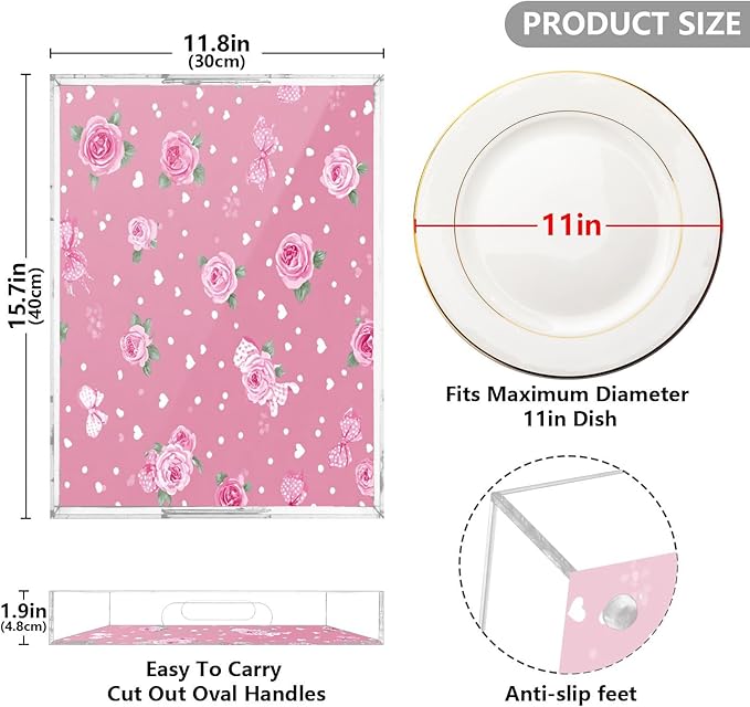 Serving Tray with Handles Clear Acrylic Tray 12x16 Inch Decorative Rectangular Tray Organizer for Ottoman Coffee Table Bathroom Pink Valentine Heart Roses Bows