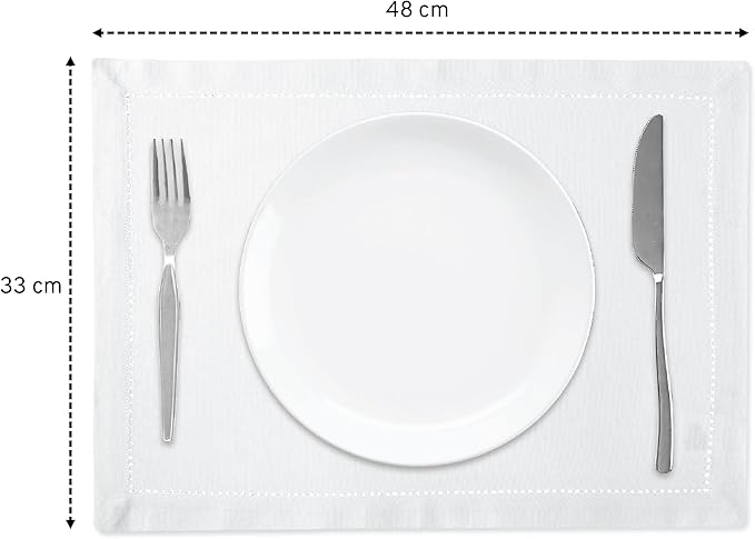 Encasa XO Placemats Set of 4 | Cotton Hemstitched Design | White | Rectangular 19"x13" - Dining Table Mat | for Dining Table Fall Decoration, Holiday & Christmas Festivals - Machine Washable