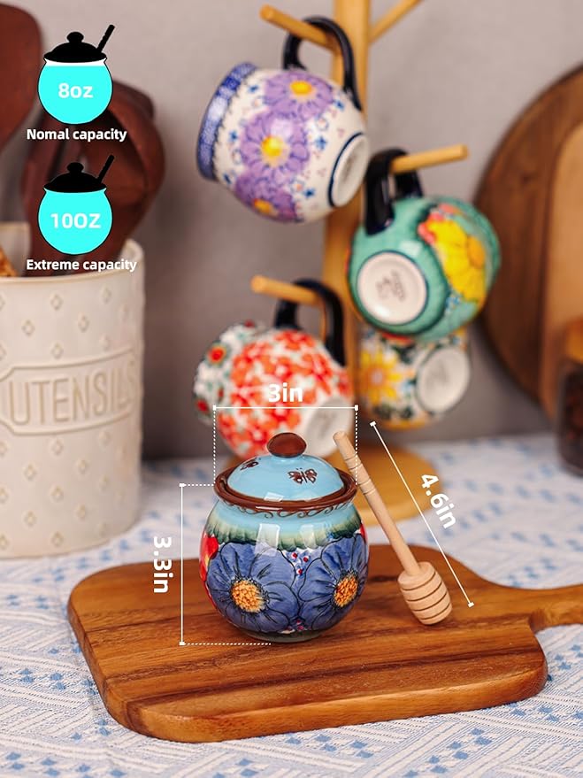 silesia Handmade Ceramic Honey Jar with Lid, 8 oz Floral Design Honey Pot with Dipper, Hand-Painted Honey Containers for Honey, Jam, or Syrup, Dishwasher Safe (Glazed Blue)