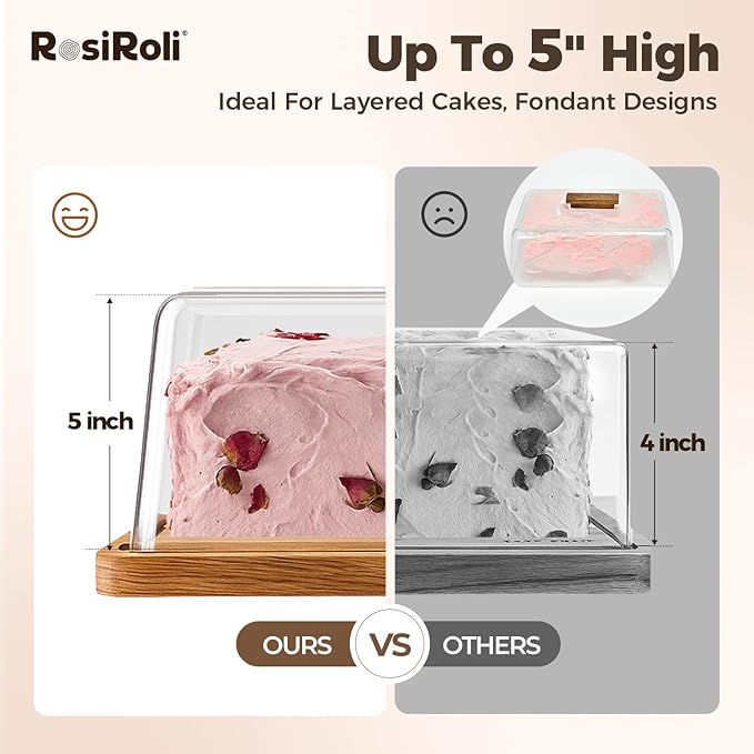 Acacia Wood Cake Stand with Lid –2-in-1 Rectangular Charcuterie Board & Dessert Display, Shatterproof Acrylic Dome Cover for Freshness, Serving Platter for Parties, Weddings, Birthdays, Gifts