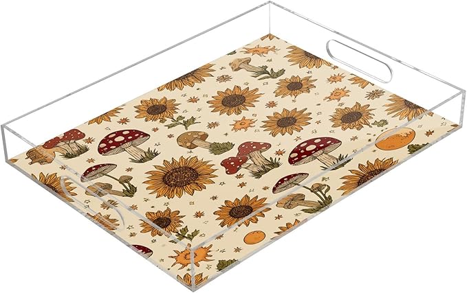 Serving Tray with Handles Clear Acrylic Tray 12x16 Inch Decorative Rectangular Tray Organizer for Ottoman Coffee Table Bathroom Autumn Mushrooms Sunflower Yellow