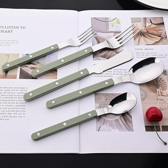 JASHII Silverware Flatware Set 20 Pieces Stainless Steel With Rivet Retro Cutlery Set Knife Fork Spoon Set Service for 4 for Home Restaurant Wedding - Green Handle