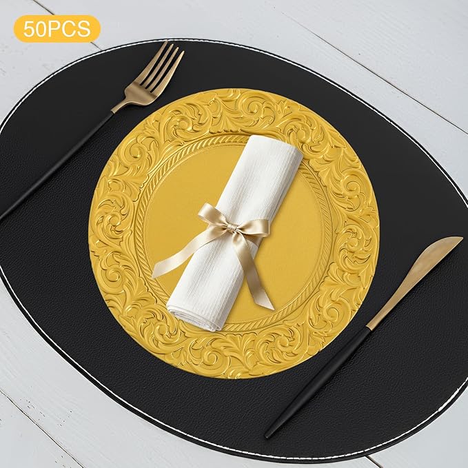 50 Pcs Antique Gold Charger Plates Bulk Round Plastic Dinner Plate Embossed Rim Server Plate Decorative Chargers Floral Plates for Dinner Parties Wedding,13 Inch (gold-50pcs)
