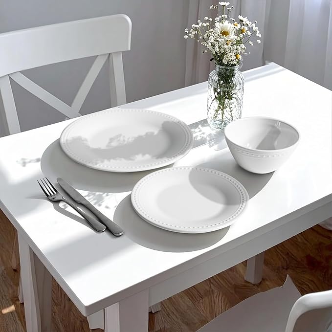 Basic White Melamine Dinnerware Sets,12 Pieces Dishes Set, Lightweight Unbreakable, BPA Free,Kitchen Plates and Bowls set, Indoor Outdoor Dining,Dishwasher Safe, Not Microwave