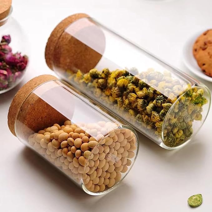 Airtight Glass Storage Containers with cork Lid, for Kitchen Pantry Organization and Storage jar，Ideal for Coffee Beans Snacks Flour Cereal Sugar Tea 24oz. (Circular 5.9 * 3.3in*2pcs)