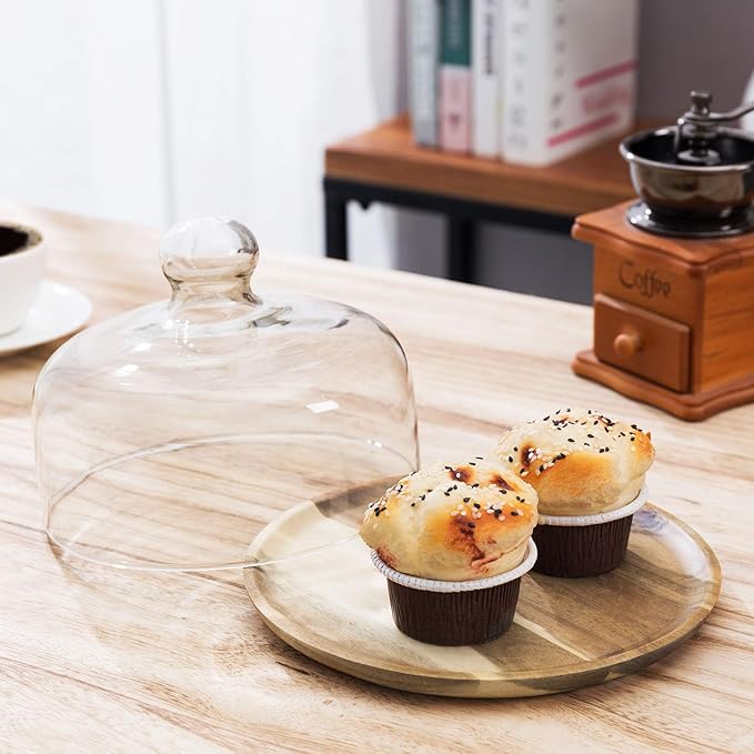 MyGift Cloche Dome Clear Glass Dessert Cheese Serving Tray 7.5 Inch Small Cake Cupcake Stand with Acacia Wood Base for Party Wedding