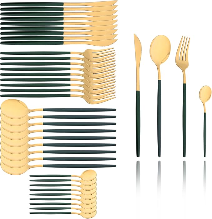 40 Pcs Silverware Set With Teaspoon For 10, Food Grade Stainless Steel Utensils Tableware Set, Elegant & Simple Flatware Serving Set Include Knife Fork Spoon, Mirror (Green Gold)