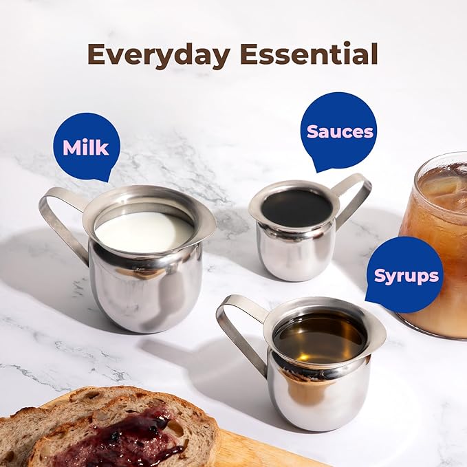 Fit Meal Prep [6 Pack] 3 oz Creamer Pitcher - Stainless Steel Bell Creamers, Mini Cup Container for Serving Milk, Coffee Cream, Salad Dressing, Maple Syrup, Espresso Machine for Restaurant, Cafes