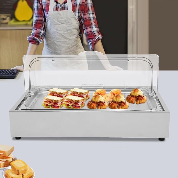 Serving Tray 6L/1.59Gal Ice Food Serving Display Tray with Clear Cover & Ice Box Stainless Steel Buffet Cold Serving Cooler Platter for Outdoor Buffets, Parties, and Street Vendors