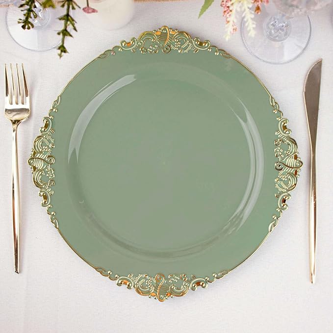 10" Dinner Plates -Set of 10 - Plastic Dusty Sage Green Round Baroque Disposable Chargers Leaf Embossed Rim, Ideal for Dinner Party Wedding Bulk Events