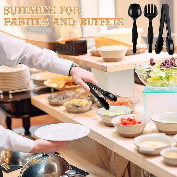30 Pcs Black Plastic Serving Utensils Set - Includes 10 Spoons, 10 Tongs, 10 Forks - Heavy Large Disposable Serving Utensils for Parties, Holidays & Events,Gatherings