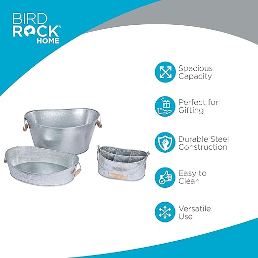 BIRDROCK HOME Galvanized Beverage Tub, Caddy and Tray Set - 3 Piece - Party Tray Platter Drink Holder - Silverware Caddy - Wooden Handles
