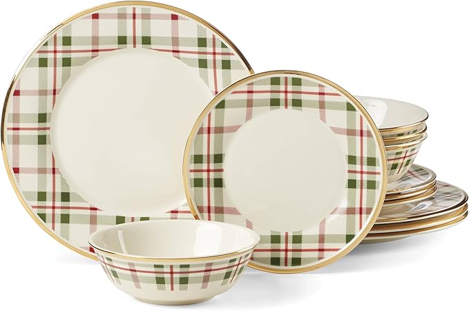 Lenox 894963 Holiday Plaid 12-Piece Dinnerware Set, Red & Green, Christmas, Hosting