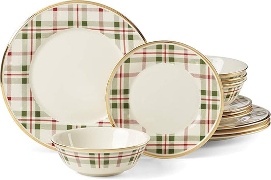 Lenox 894963 Holiday Plaid 12-Piece Dinnerware Set, Red & Green, Christmas, Hosting