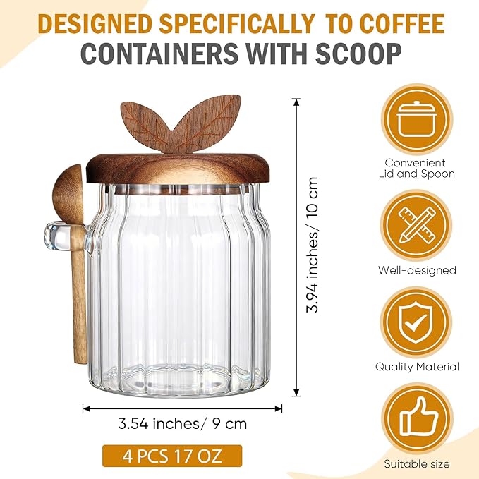 4 Pcs Sugar Bowl with Lid and Spoon, 17 oz Sugar Container for Coffee Bar, Glass Coffee Canister, Airtight Food Storage Jar, Cereal Tea Salts Spice Jar, Kitchen Decoration Christmas Gift