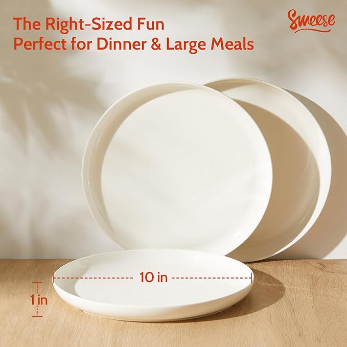 Sweese Porcelain Dinner Plates Set of 6, 10 Inch Lightweight Round Dish Set - Dishwasher, Microwave, Oven Safe, Scratch Resistant, Kitchen Serving Dishes - White