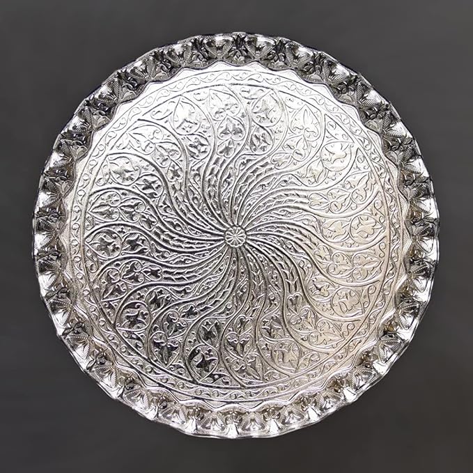 Alisveristime Turkish Ottoman Coffee Tea Serving Tray – 11.8 Inches, Wavy Zamac Tray with Traditional Motifs, Available in Five Color Variations (Silver)