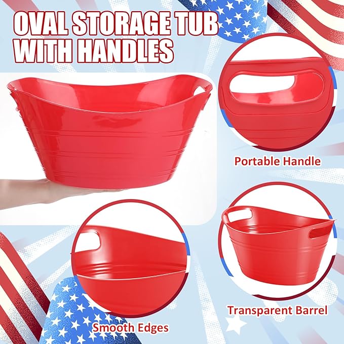 Norme 24 Pcs Oval Storage Tub with Handles 4.5L Plastic Ice Bucket, Wine, Beer, Champagne Drink Cooler for Parties, Beverage Storage Basket(Blue & Red)