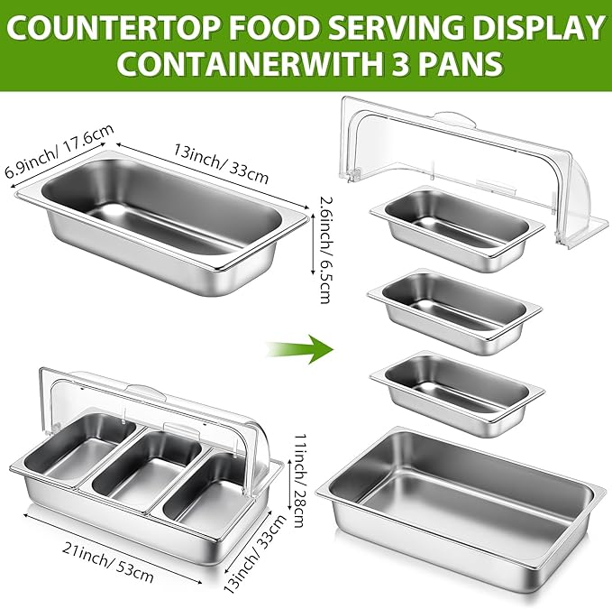 3 Pan Countertop Food Serving Display Container Stainless Steel Pizza Topping Station Display Rack Condiment Dispenser with Clear Roll Top Cover for Buffet Restaurant Hotel Kitchen Party