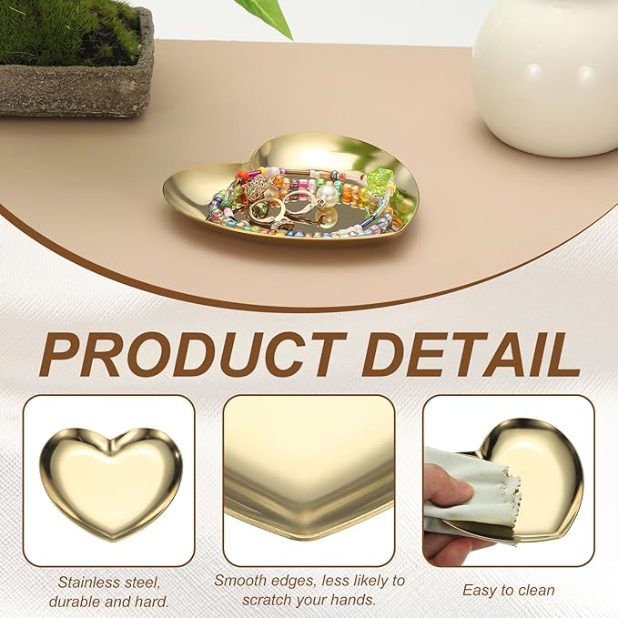 uxcell Heart Shape Serving Trays, 3.54" Stainless Steel Decorative Jewelry Dish, Small Vanity Tray for Bathroom Aromatherapy Candle Drink Plate,Gold