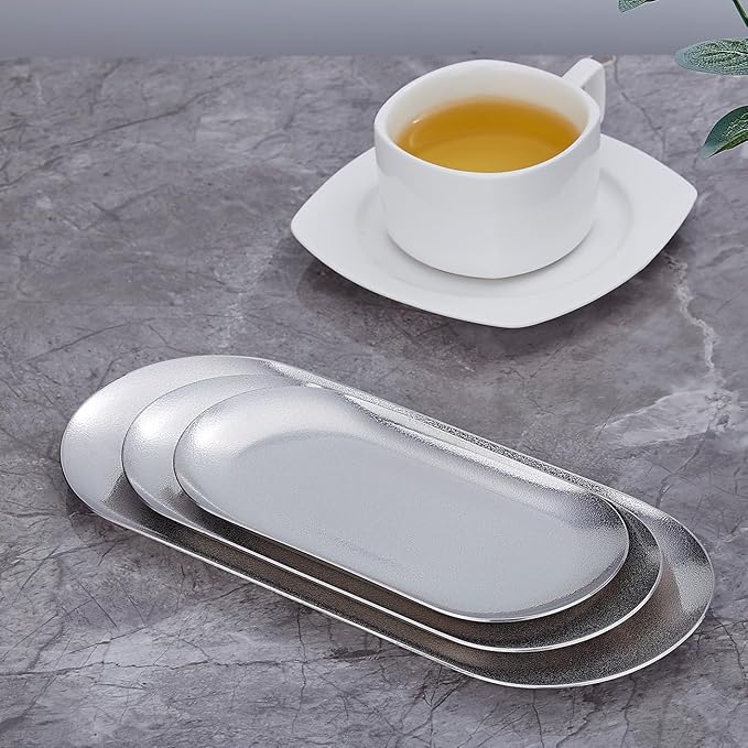 8.5X3.7 inch ellipse Appetizer Plates,thick stainless steel Dinner Plates, Pasta Dessert Plates for Sushi, Fruit oven/Dishwasher Safe, Set of 4,silver