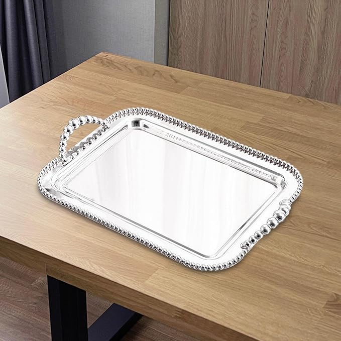 Serving Tray Mirror Tray Multifunction Elegant Dessert Tray Jewelry Tray Food Tray for Toilet Cafes Dresser Tea House Bedroom, silver