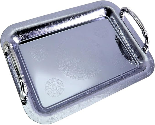 11.4 inch x 7.9 inch Oblong Chrome Plated Serving Tray with Handles Stylish Design Floral Engraved Rainbow Edge Decorative Party Wedding Dessert Buffet Wine Platter Plate FST-071
