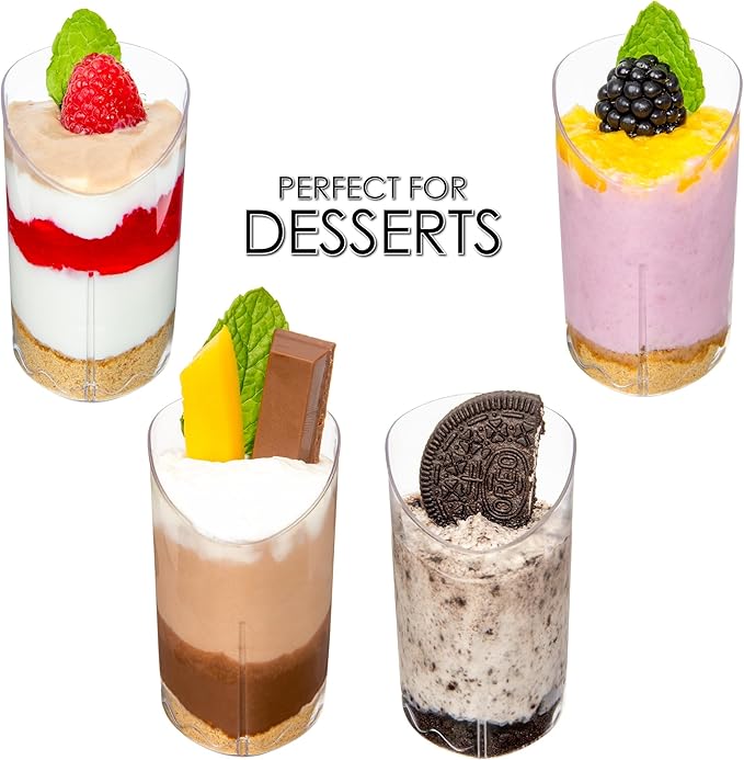 DLux 28 x 3 oz Mini Dessert Cups with Spoons, Slanted Triangle - Clear Plastic Parfait Appetizer Cup - Small Reusable Serving Bowl for Tasting Party Desserts Appetizers - With Recipe Ebook