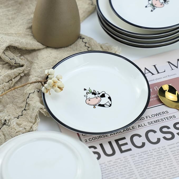 Funny Cartoon Cow Bird Pattern Ceramic Sauce Dishes, Seasoning Dishes, Sushi Soy Dipping Bowls, Appetizer Plates, Dessert Plates, Little Cat Bird Feeding Bowls, Set of 6-Colorful-5 Inch