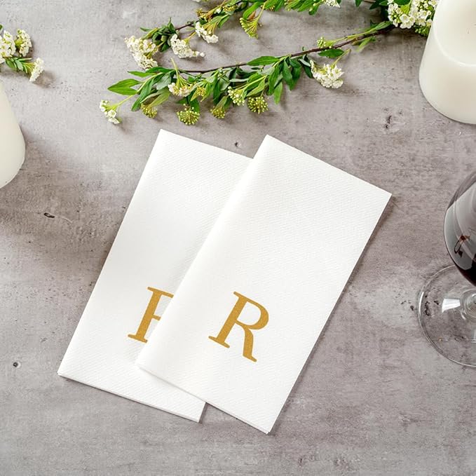 Luxenap 15.8 X 7.9 Inch Linen-Feel Guest Towels, 2000 Lettered Hand Towels - Gold Letter 'R', Sans Serif Font, White Paper Dinner Napkins, airlaid, For Restrooms And Tables