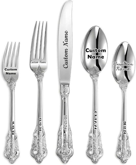 [5 Pack] Personalized Luxury Flatware Set, Customized Engraved with Name Dates Stainless Tableware with Silver Accents, Custom Cutlery Kit Vintage Antique Baroque Silverware Gift for Party Favors