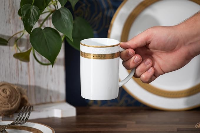 Dinnerware Set for 4 - White with Gold Rope Vintage Design - Porcelain Dish Set Tableware Setting with Mug for Every Day Use or Formal Occasions (Rope 2016, 16 PIECE SET)