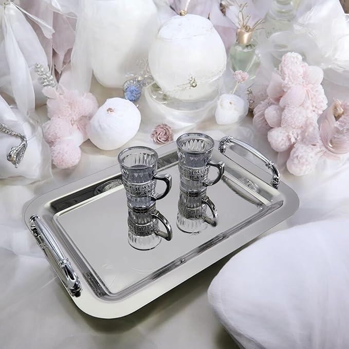 (Pack of 2) 14.2 inch x 10.2 inch Oblong Chrome Plated Mirror Silver Serving Tray with Handles Stylish Floral Engraved Decorative Party Birthday Wedding Buffet Platter Plate CC-1029