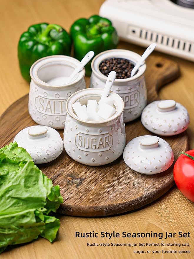 GDCZ 10 Oz Sugar Pepper and Salt Bowls with Lid and Spoon, Ceramics Seasoning Container, Seasoning Jar Spice Container for Kitchen,Dishwasher Safe, Set of 3 (White)