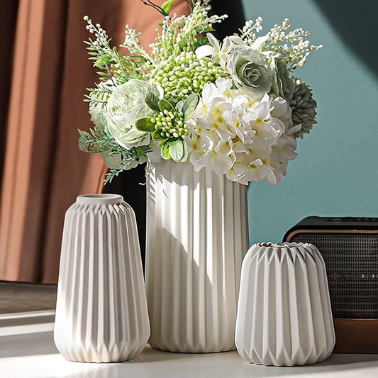 Ceramic Vases Set of 3-White Vase for Modern Home Decor, Flower Vases for Aesthetic Room Decor,Boho Decor Wedding Dinner Table Party Office Centerpiece Table Decorations (White 3 Set)