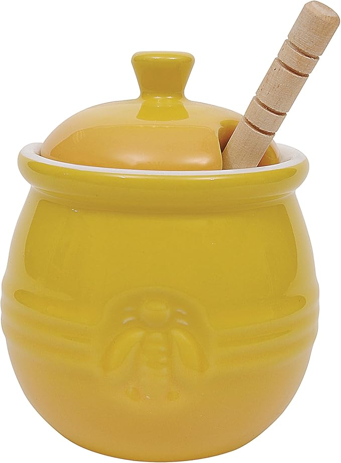 Creative Co-Op Yellow Stoneware Honey Pot with Lid & Wood Honey Dipper