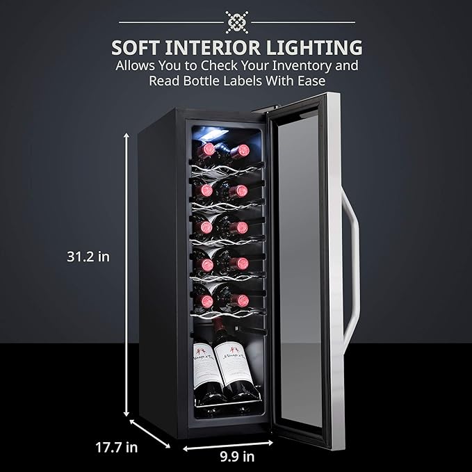 Ivation 12 Bottle Compressor Wine Cooler Refrigerator w/Lock | Large Freestanding Wine Cellar Fridge For Red, White, Champagne or Sparkling Wine | 41f-64f Digital Temperature Control Stainless Steel