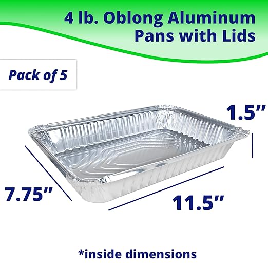 IDL Packaging 4 lb. Oblong Aluminum Foil Pans with Lids - 13" x 9" x 1.5” (pack of 5) - Disposable Foil Baking Dishes - Great for Grilling, BBQ, Steaming, Freezing