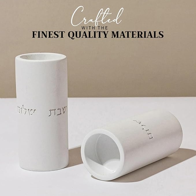 SURI Shabbat Candle Holders Set – Modern Judaica Gift and Jewish Holidays – Concrete Dripless Candle Holders, Short & Tall – Minimalist Jewish Home Decor Shabbos Candles Holders for Tea Lights