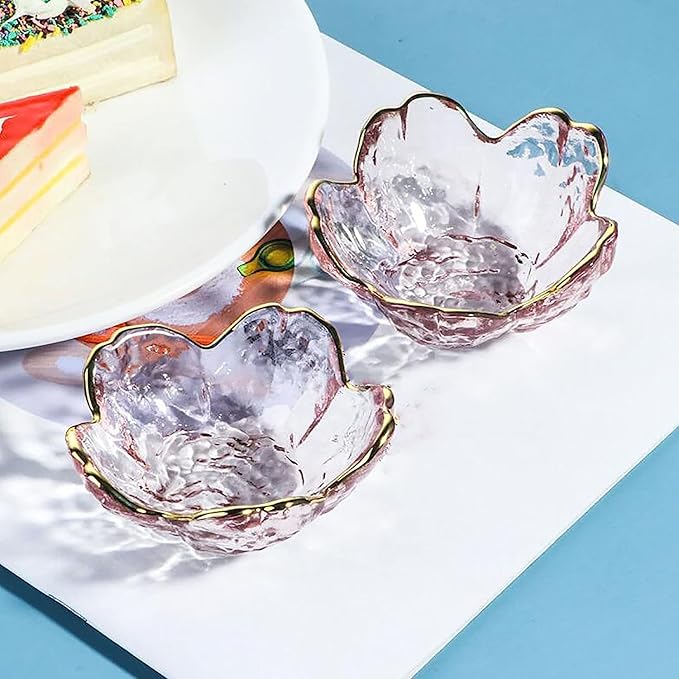 Seasoning bowls with gold rim,6 pcs Pink Cherry Flower Crystal Glass Appetizer Plates dipping bowls ice cream Sushi,pink glass plates mini for charcuterie board (Phnom Penh)