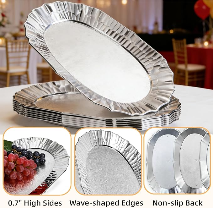 AVLA 6 Pack Plastic Serving Tray, Silver Serving Platter, Reusable Party Snack Serving Tray, Decorative Food Appetizer Platters for Dessert Table, Cupcake, Charcuterie, Cookies, 14" x 8.5"