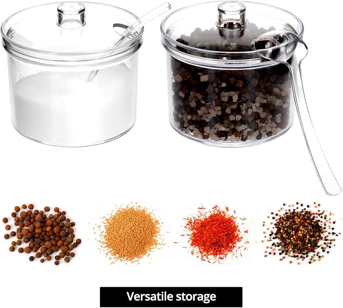 QWORK 4-Piece Clear Acrylic Sugar Bowl Set with Spoon and Airtight Lid, 210ml Condiment Keeper Sugar Jar for Sugar, Salt, Tea, and Spices