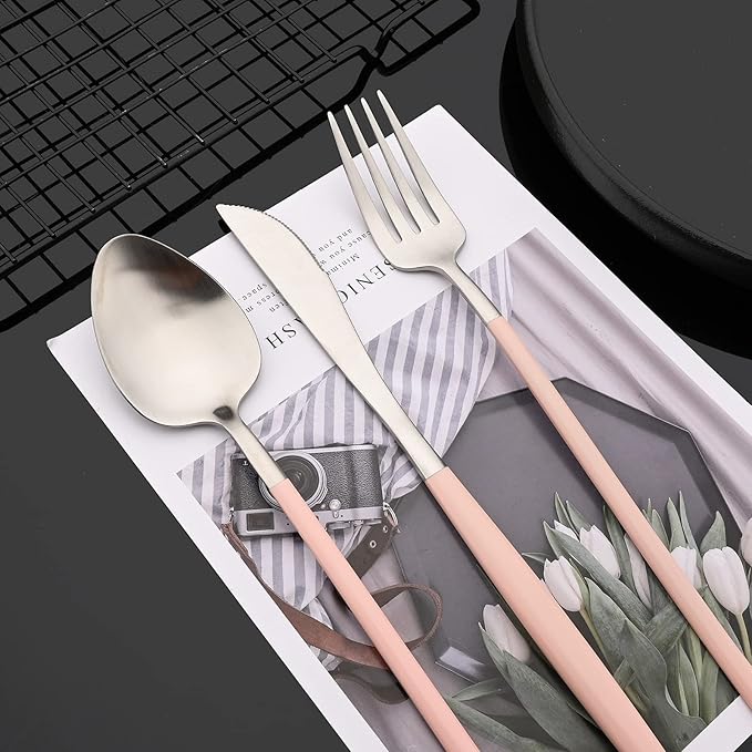 JASHII Matte Pink and Silver Silverware Set, 304 Stainless Steel Flatware Set Service for 4, Tableware Cutlery Set for Home Restaurant Party, Dinner Forks/Spoons/Knives, Slim Handle, Dishwasher Safe