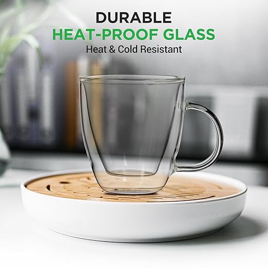 NutriChef Double Walled Glass Espresso Cups - 5.2 Fluid Oz Premium Insulated Borosilicate Glass Coffee Mugs for Hot & Cold Drinks - Dishwasher Safe, Set of 4