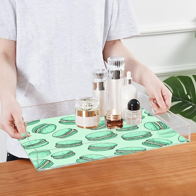 Serving Tray with Handles Clear Acrylic Tray 12x16 Inch Decorative Rectangular Tray Organizer for Ottoman Coffee Table Bathroom Mint Green Cute Macarons