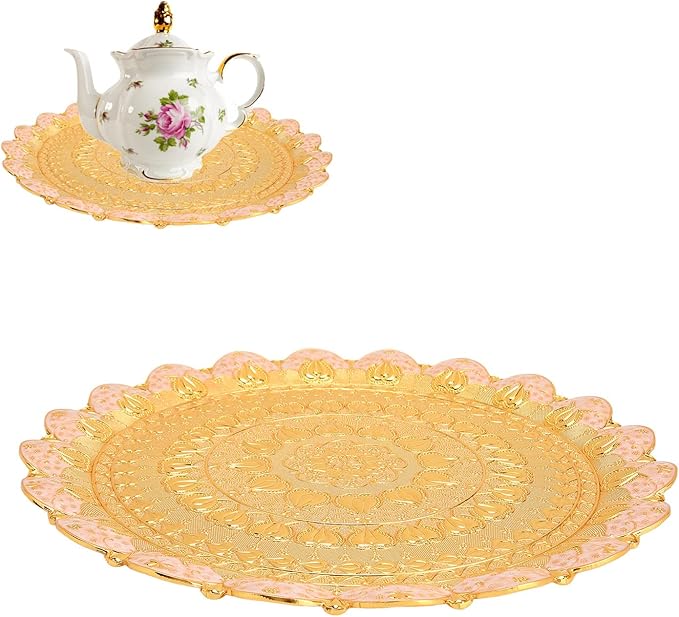 Gold Silver Tray,Gold Turkish Round Coffee Tea Serving Tray Vintage Embossed Pattern Round Coffee Plate for Bar Outdoor Dresser Dessert (Gold)