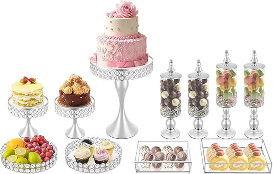 11-Piece Cake Stand Set, Silver Tiered Dessert Display Stands with Glass Trays & Acrylic Domes, Multi-Level Serving Platters for Wedding, Birthday Party, and Bakery Display